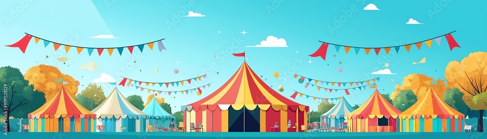 Colorful carnival scene with festive tents. Colorful carnival scene with festive tents.