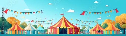 Colorful carnival scene with festive tents.