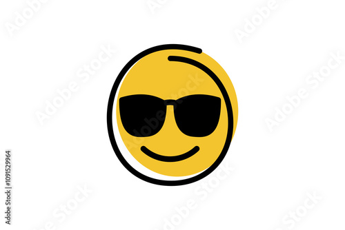 Face with Sunglasses emoji in abstract line art with yellow base color. Emoticon vector icon. PNG transparent background.