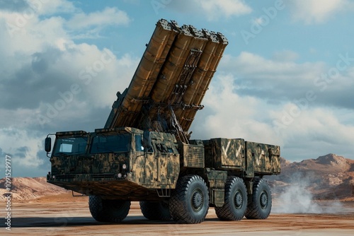 Modern military vehicle launches missiles in a dramatic landscape. Generative AI photo