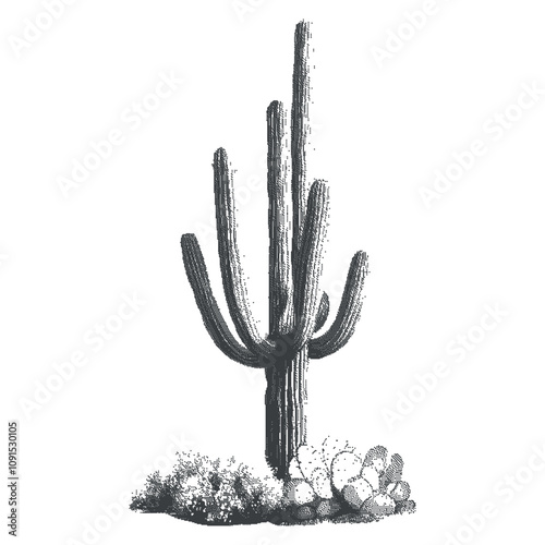 Retro photocopy cactus for t-shirt print. Halftone poster. Concept of Wild West. Arizona desert monochrome vector graphics. Contemporary illustration with dotted texture.