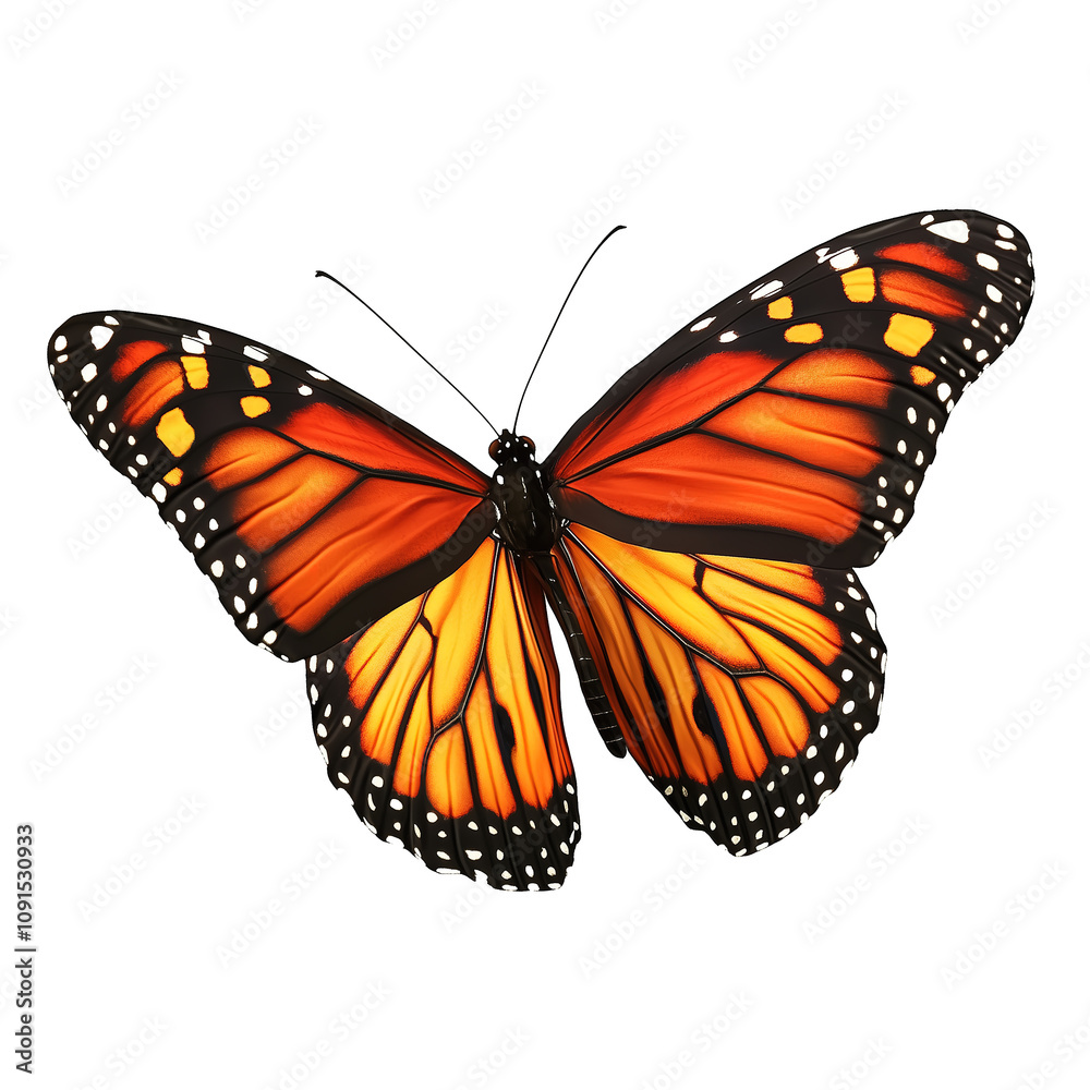 Fototapeta premium Vibrant monarch butterfly with orange wings and black edges isolated on PNG cutout transparent background.