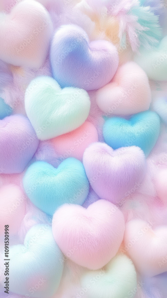 Obraz premium Pastel colored fluffy heart shaped pillows creating a cozy background