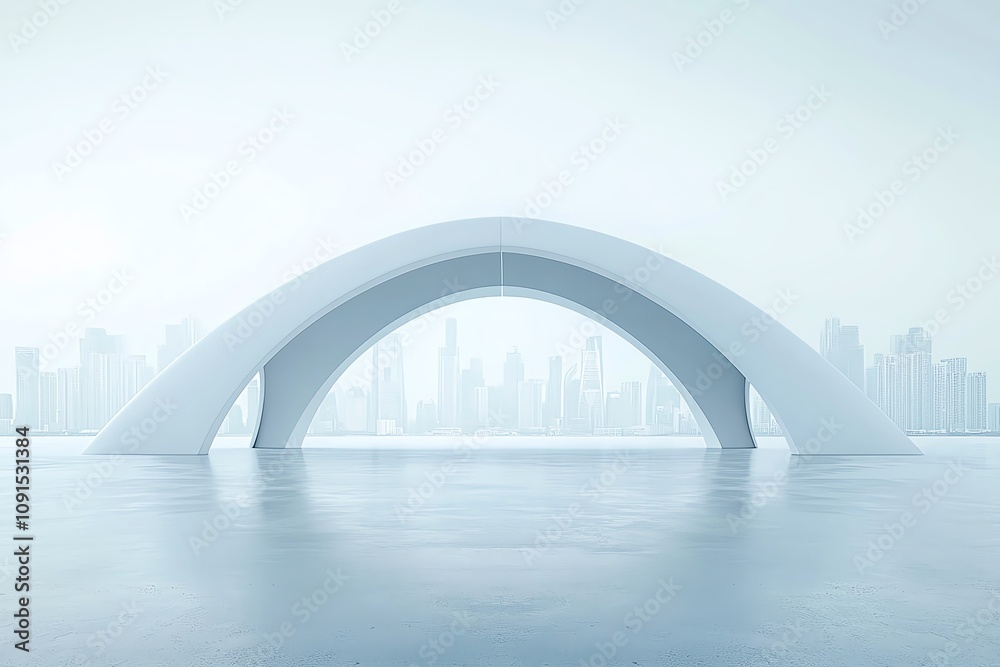 Obraz premium Modern arch bridge over serene water landscape.