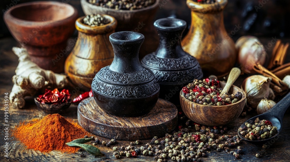 Assorted spices and herbs with antique spice jars Assorted spices and herbs with antique spice jars