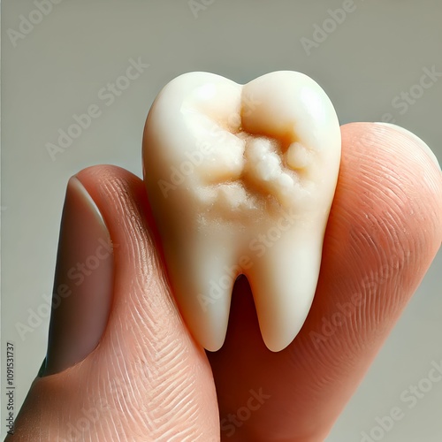 Human Tooth with Cavities Held in Fingers – Closeup Detail