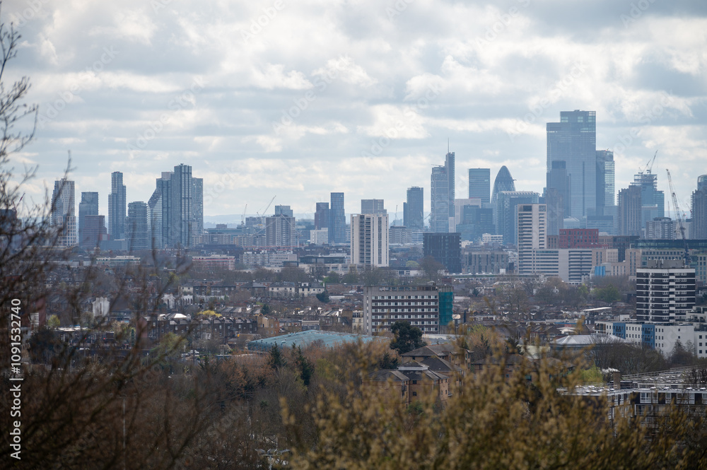 Fototapeta premium View of office buildings, skyscrapers and modern constructions from the viewpoint at Parliament hill in spring, North London, UK