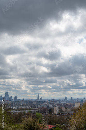 View of office buildings, skyscrapers and modern constructions from the viewpoint at Parliament hill in spring, North London, UK photo