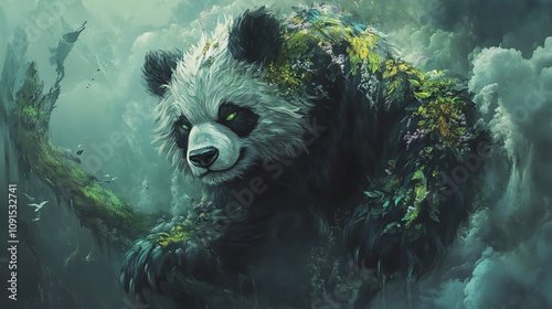 A majestic panda, surrounded by vibrant foliage, symbolizes nature's beauty and harmony in lush greenery. photo