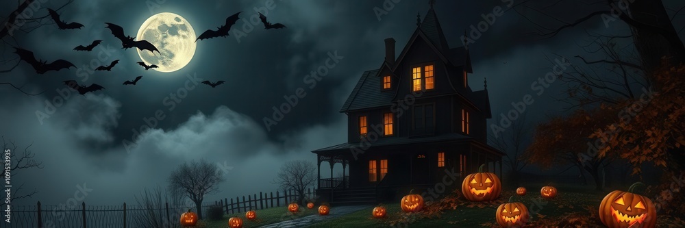 Fototapeta premium A spooky Halloween background featuring a full moon, bats flying, haunted house, pumpkins, and eerie fog, night, creepy