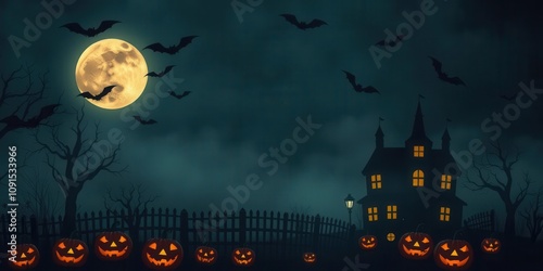 A spooky Halloween background featuring a haunted house, bats, full moon, Jack-o'-lanterns, and foggy atmosphere, creepy, October photo