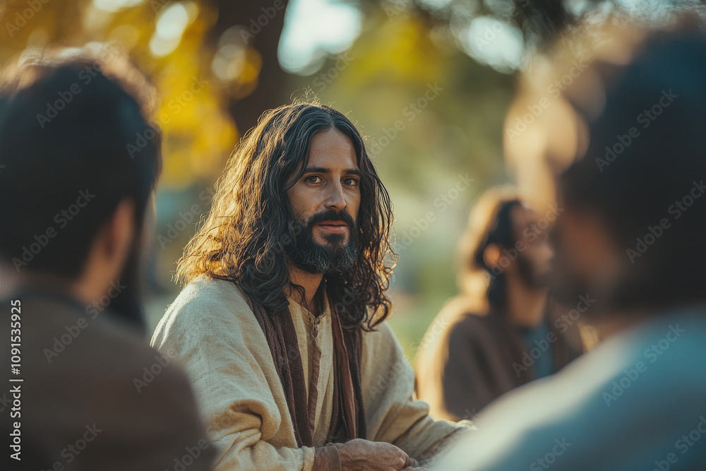 Fototapeta premium Jesus Speaking Among Disciples Outdoors