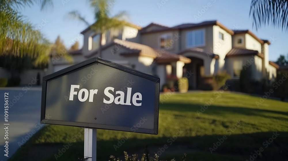 Obraz premium New House For Sale Sign in Sunny Residential Neighborhood