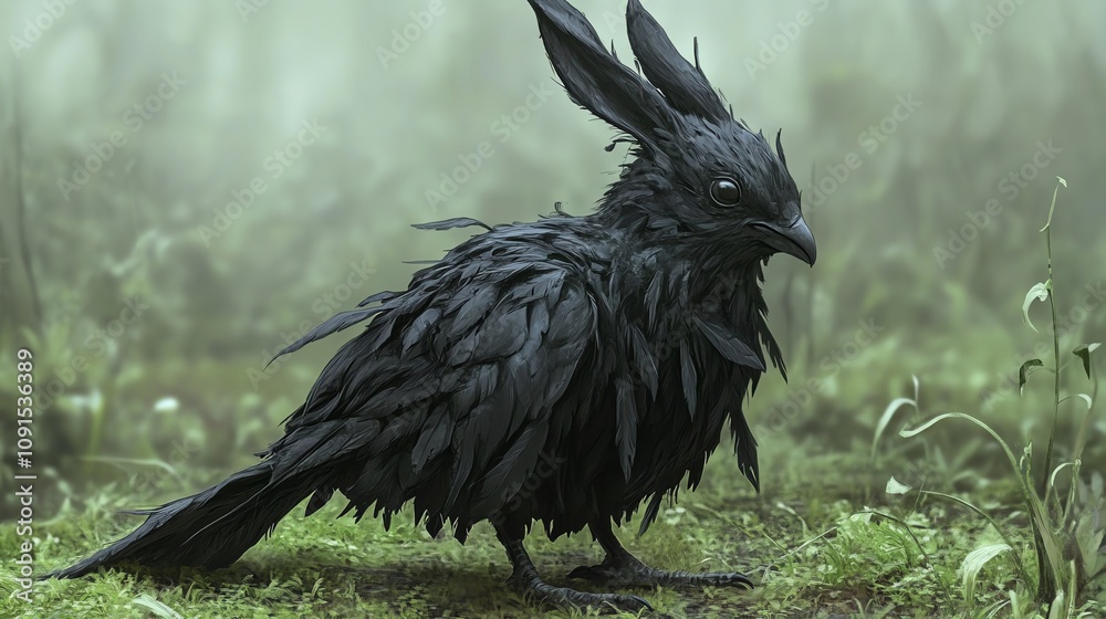 Fototapeta premium A mystical black bird stands in a misty forest, surrounded by lush greens and mysterious ambiance.