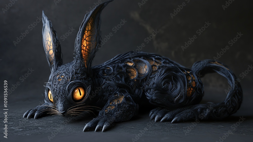 Obraz premium A mystical black rabbit with glowing eyes rests on a textured surface, showcasing intricate patterns on its fur.