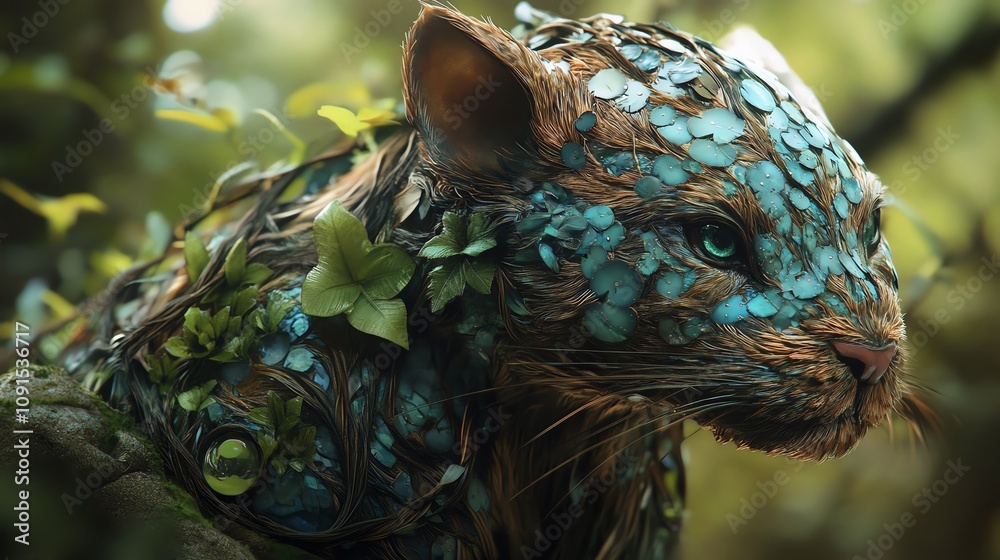 Obraz premium A mystical creature covered in vibrant foliage, blending seamlessly into its lush green environment.