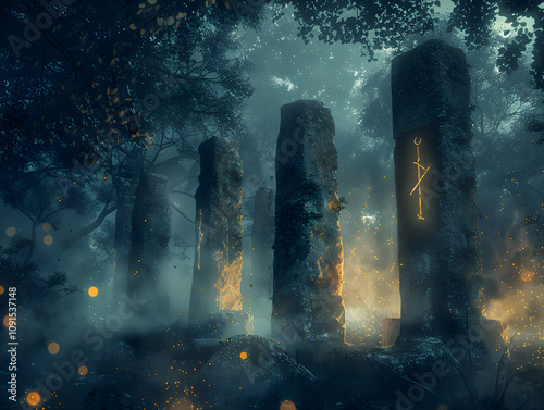 Mysterious Forest with Ancient Glowing Runes on Sacred Stone Pillars photo