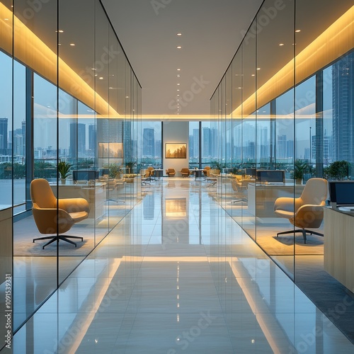 Modern Office Corridor with City Skyline View photo