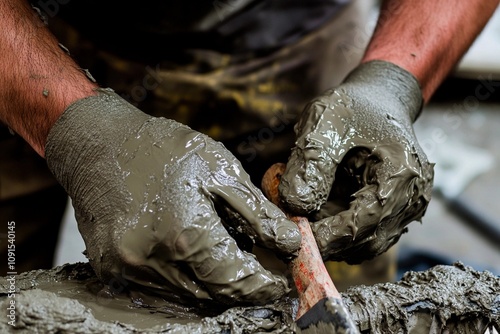 Crafting artistry with hands covered in clay at a vibrant studio. Generative AI photo