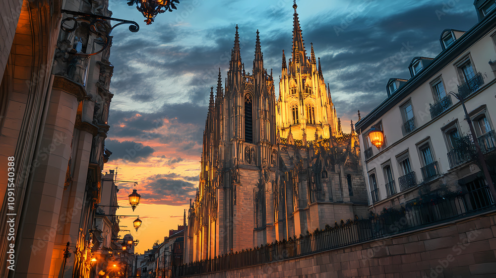 Fototapeta premium An intricate historic cathedral standing tall against a twilight sky its gothic spires and detailed stonework illuminated softly by streetlights. Gothic Cathedral Spires. Illustration