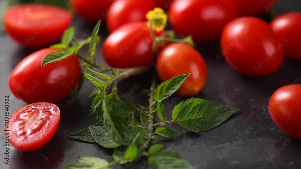 Tomato. Cherry tomatoes Fresh Ripe natural little tomatoes close-up. Organic tomato with leaves rotating on black background. Macro shot. Garden, Gardening concept. Ketchup, pasta, sauce ingredient Tomato. Cherry tomatoes Fresh Ripe natural little tomatoes close-up. Organic tomato with leaves rotating on black background. Macro shot. Garden, Gardening concept. Ketchup, pasta, sauce ingredient