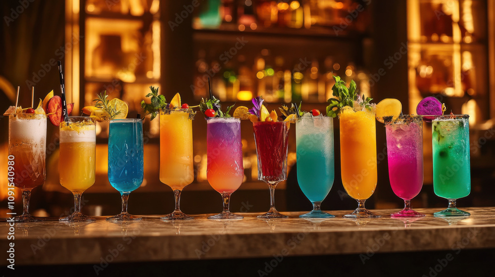 Obraz premium Colorful Selection of Exotic Cocktails with Fresh Fruits and Garnishes in an Elegant Bar Setting Perfect for Summer Gatherings and Celebrations