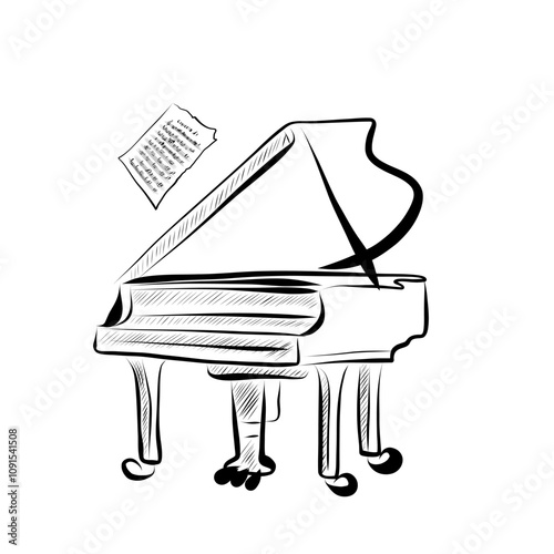 Line art. Piano and notes in line art style. Vector minimalist