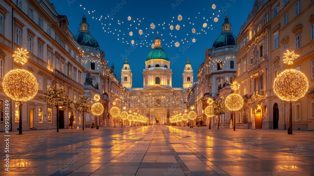 Fototapeta premium Beautiful illuminated street with festive decorations and stunning architecture at night
