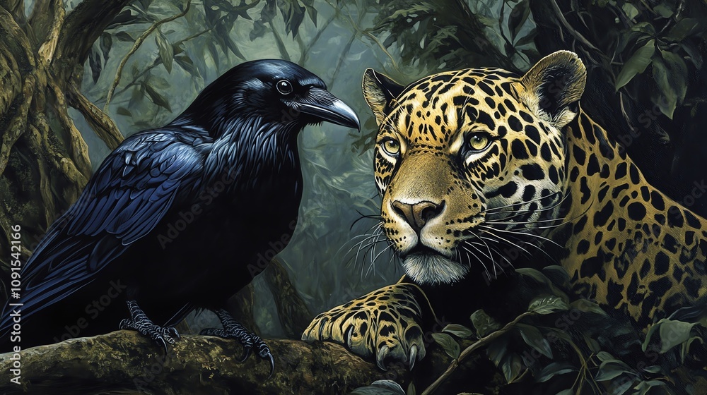 Fototapeta premium A powerful moment in nature featuring a raven and a jaguar, highlighting the beauty of wildlife in a lush environment.