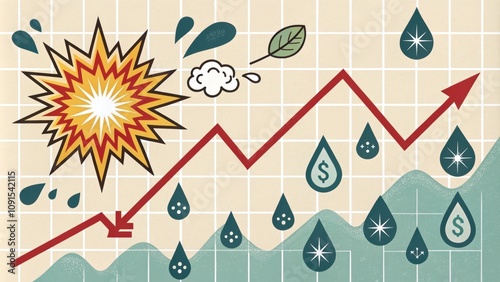 Explosion Symbol A graph with an explosion symbol highlighting a sudden drop in investment value surrounded by stressrelated imagery like sweat drops.