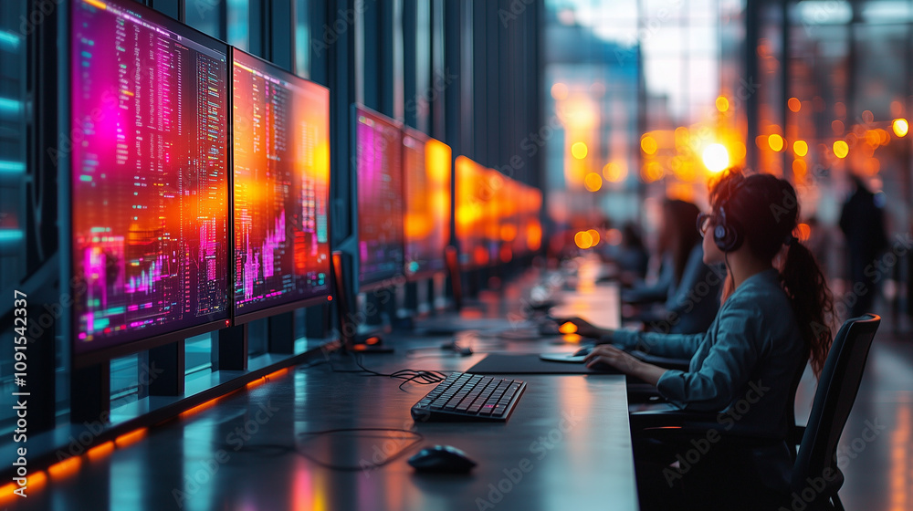 A vibrant office scene where employees use AI-driven tools to monitor and optimize e-commerce performance metrics