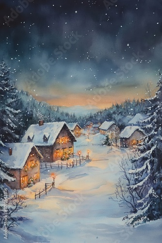 Wallpaper Mural A charming watercolor illustration of a peaceful snowy village at dusk, with glowing windows, snow-covered rooftops, and warm light illuminating the serene winter scene Torontodigital.ca