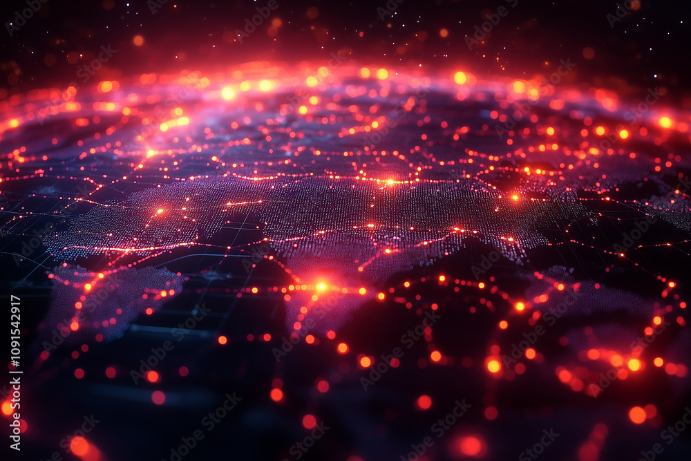 Obraz premium A vibrant global data visualization with continents glowing and interlinked by streaming analytics