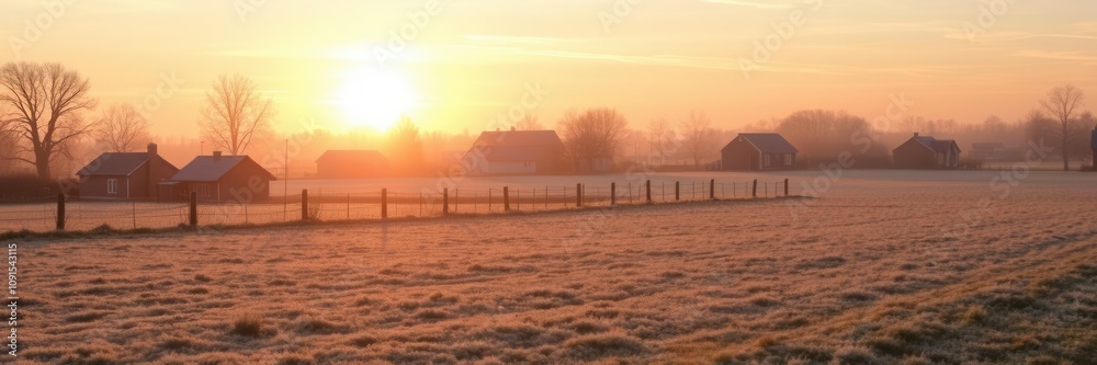 Obraz premium Frost-covered lawn and houses in the golden light of the rising sun on a crisp autumn morning, cold, nature