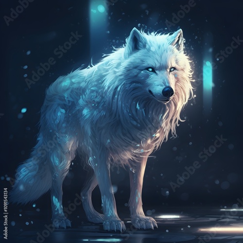 Mystical White Wolf Glowing Fur Fantasy Animal Art Dark Background