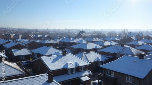 Frost-covered rooftops in a suburban neighborhood on a clear winter morning, morning, frosty rooftops