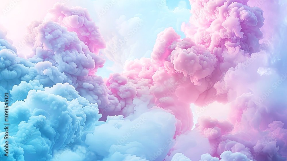 Fototapeta premium Ethereal pastel clouds float in a serene sky, blending soft pink and blue hues in a dreamlike landscape