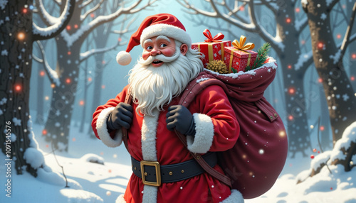 Santa Claus with a joyful expression carrying a bag of gifts in a snowy forest, for the Christmas celebration
