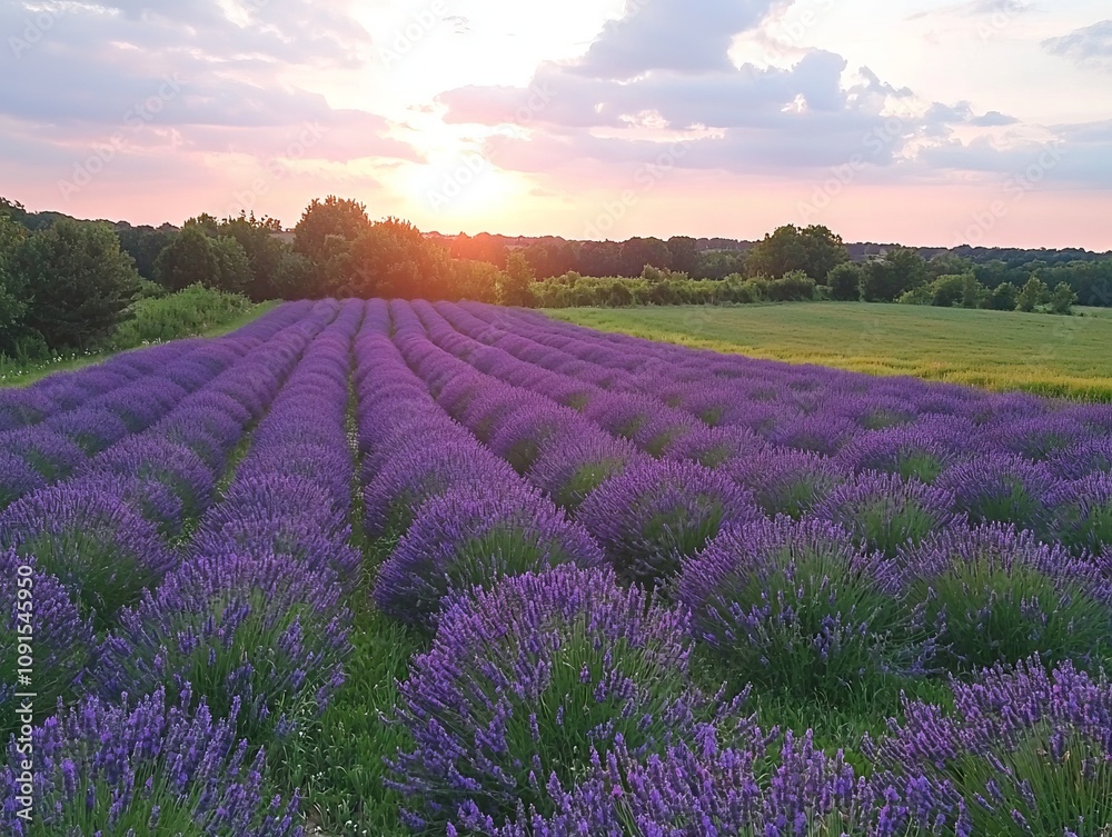 Fototapeta premium Lavender fields at sunset, showcasing vibrant purple blooms and serene nature.