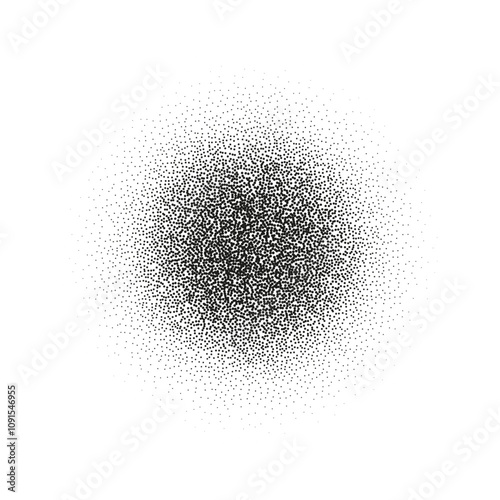 Gradient dots with grainy texture and noise effect. Circular halftone sphere with spray pattern and brush texture. Flat vector illustration isolated on white background.s
