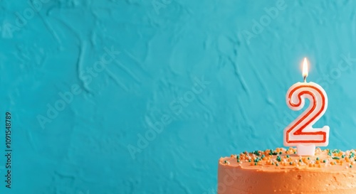 Birthday or anniversary cake with number 2 candle on blue background, perfect for second birthday or anniversary celebrations and special events