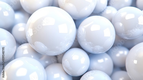 A close-up view of shiny, white spheres clustered together, creating a modern and clean aesthetic, This image can be used for backgrounds, product designs