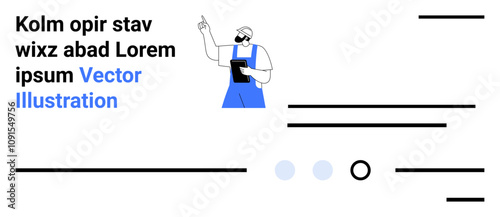 Man in blue overalls pointing with pen, wearing a mask, and holding a tablet. Surrounded by text and geometric lines. Ideal for construction, engineering, blueprints, safety protocols, design