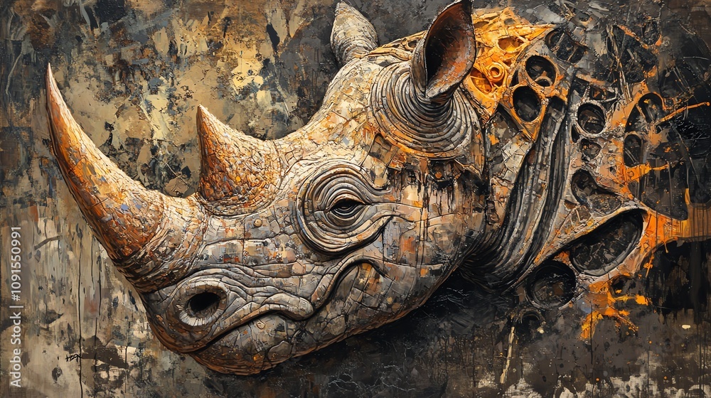 Fototapeta premium A stunning artistic depiction of a rhinoceros with intricate details and textures, symbolizing wildlife conservation.