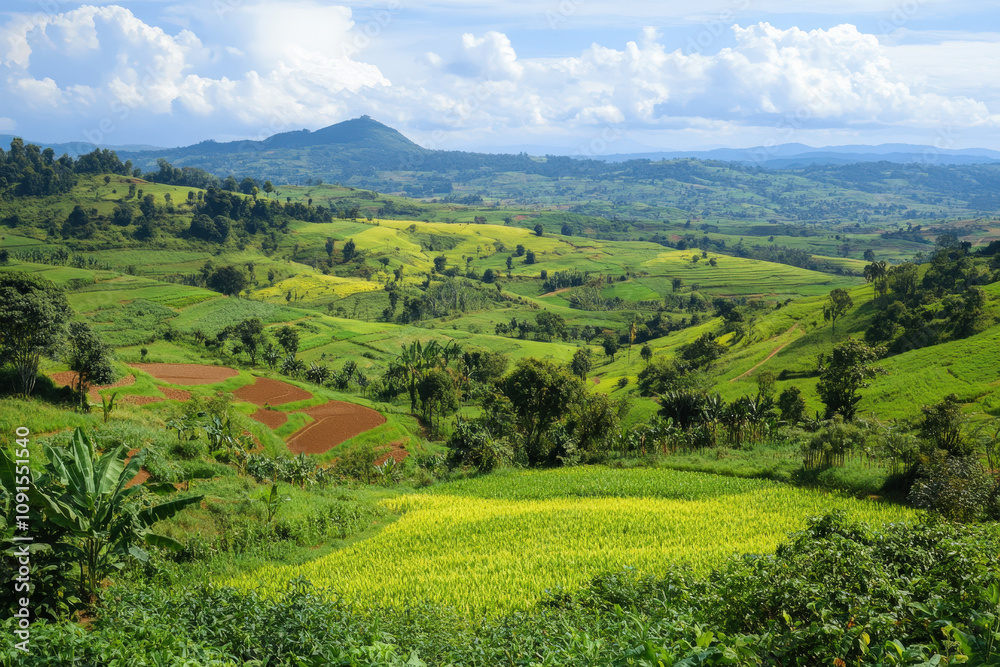 Obraz premium Verdant Hills and Fields in Rural Countryside