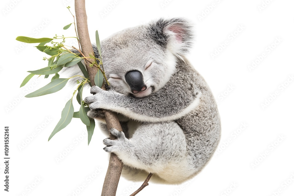 Obraz premium Sleepy koala hugging a eucalyptus branch