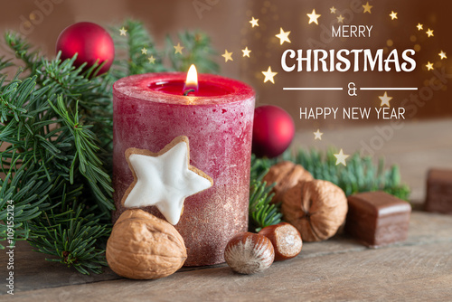 Christmas greetings with candlelight and fir green