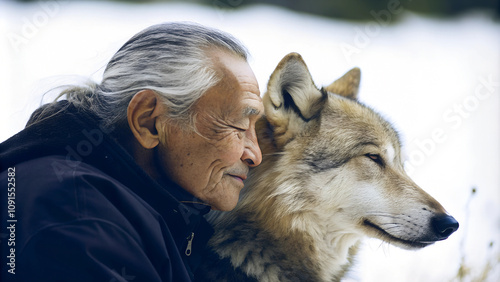 Sinnliches Closeup Portrait: Alter Mann mit Wolf photo