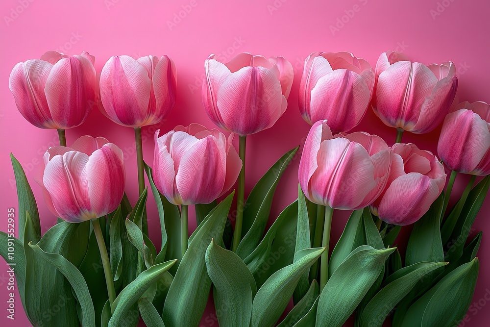 Fototapeta premium A row of pink flowers with green stems