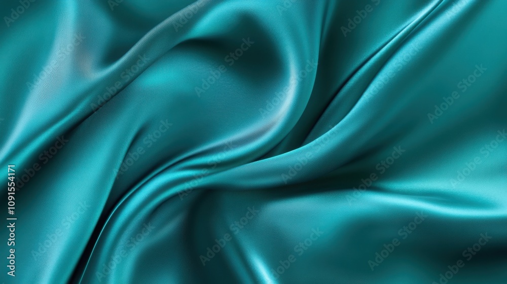 Flowing teal silk fabric with soft folds and smooth texture Flowing teal silk fabric with soft folds and smooth texture